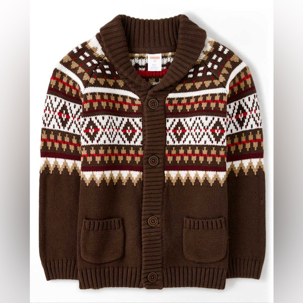 Gymboree Fair Isle Shawl Collar Cardigan Sweater Button Boys’ 6 Brown